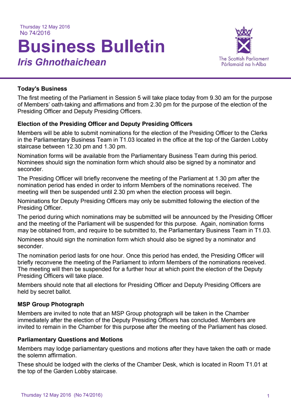 Business Bulletin No. 74/2016, Thursday 12th May 2016