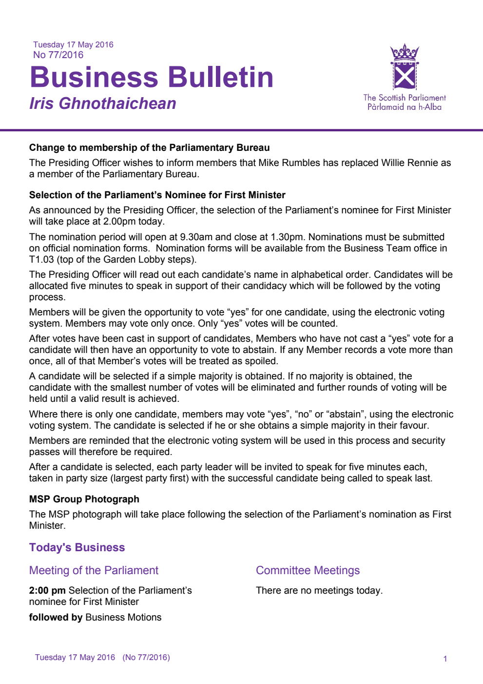 Business Bulletin No. 77/2016, Tuesday 17th May 2016