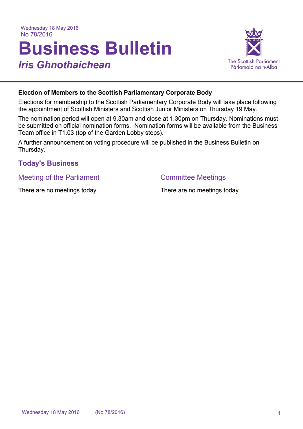 Business Bulletin No. 78/2016, Wednesday 18th May 2016