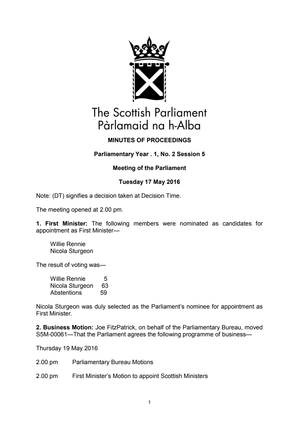 Minutes of Proceedings 17 May 2016 Vol. 1, No. 2 Session 5