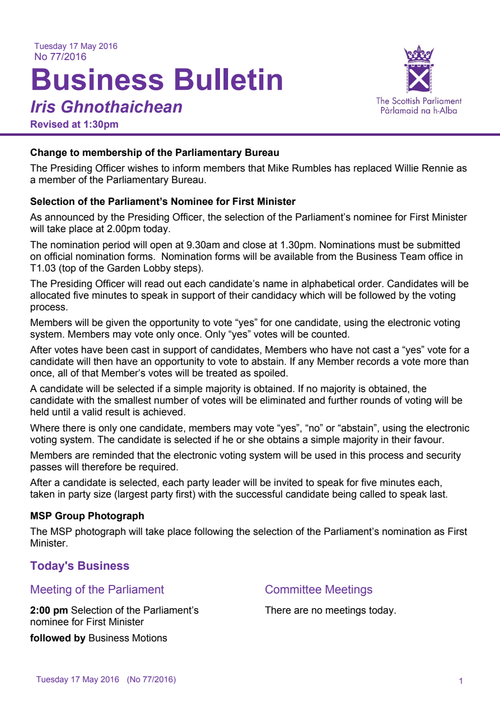 Business Bulletin No. 77/2016, Tuesday 17th May 2016, Revised