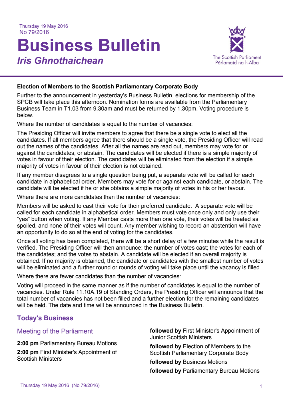 Business Bulletin No. 79/2016, Thursday 19th May 2016