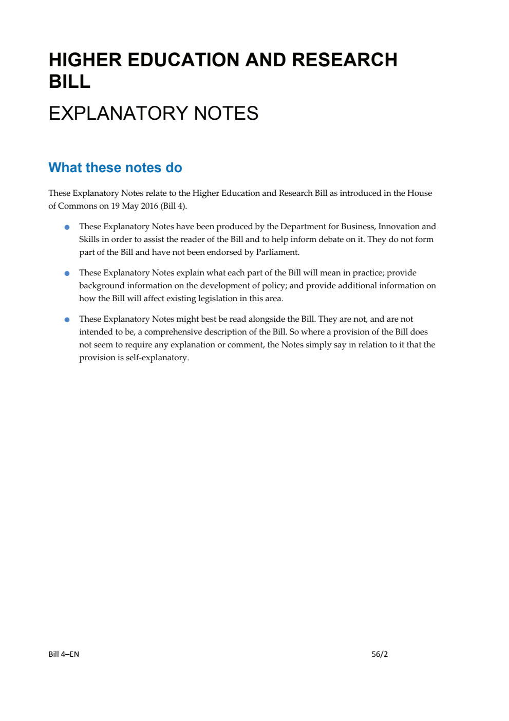 Higher Education and Research Bill Explanatory Notes