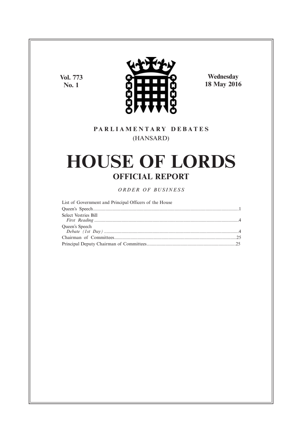 HOL Daily Hansard Vol. 773, No. 1 18.05.16