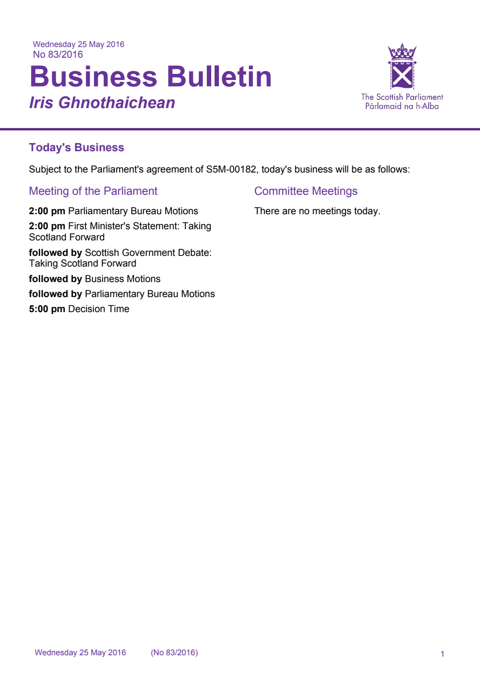 Business Bulletin No. 83/2016, Wednesday 25th May 2016