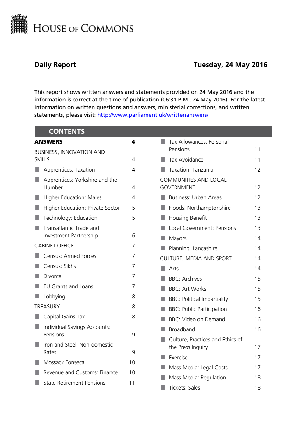 HOC Daily Report Written Answers 24.05.16