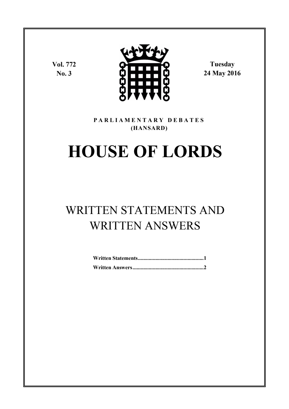 HOL Daily Report Written Statements and Answers 24.05.16