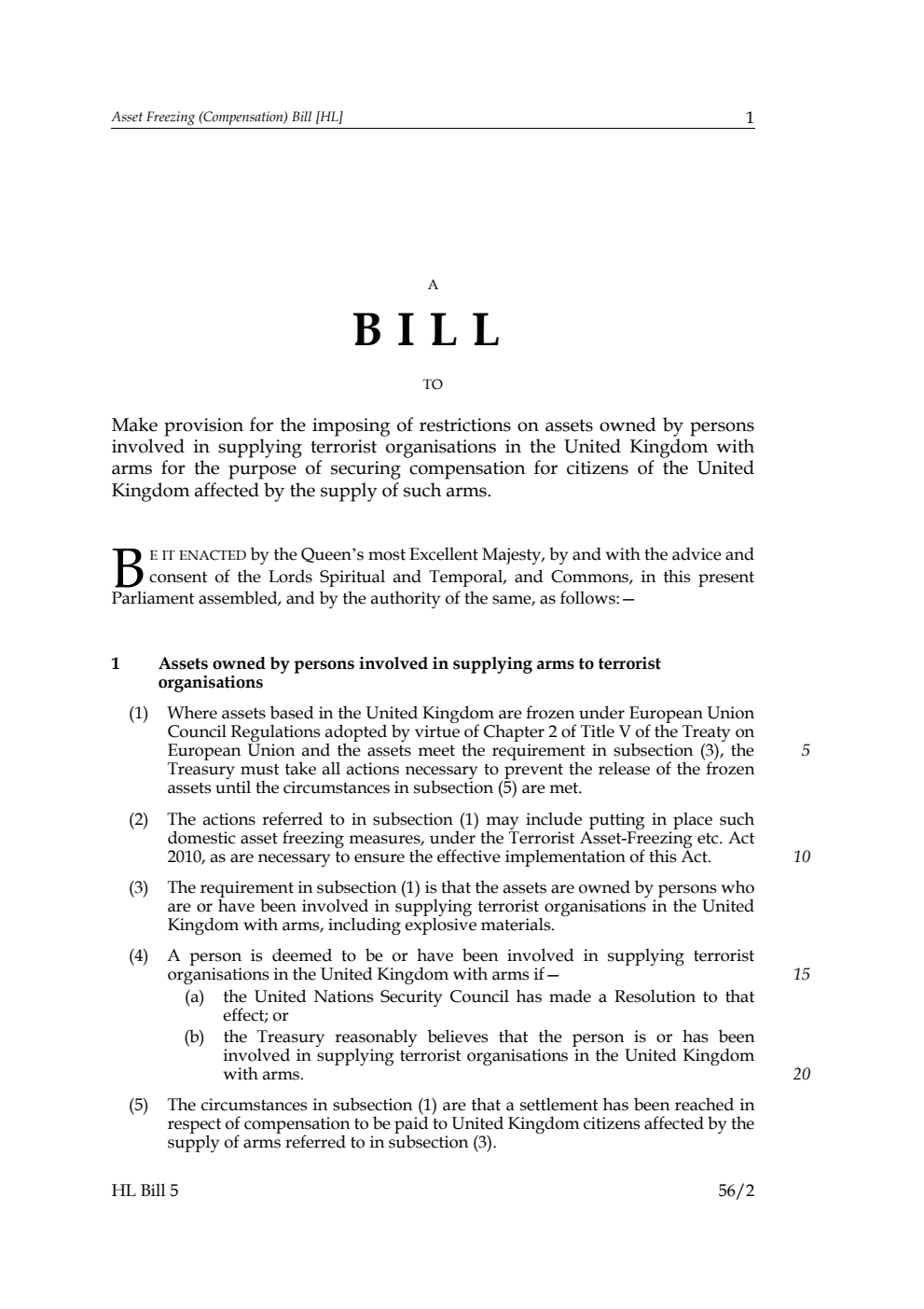 Asset Freezing (Compensation) Bill
