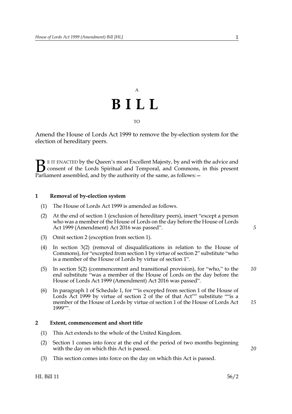 House of Lords Act 1999 (Amendment) Bill