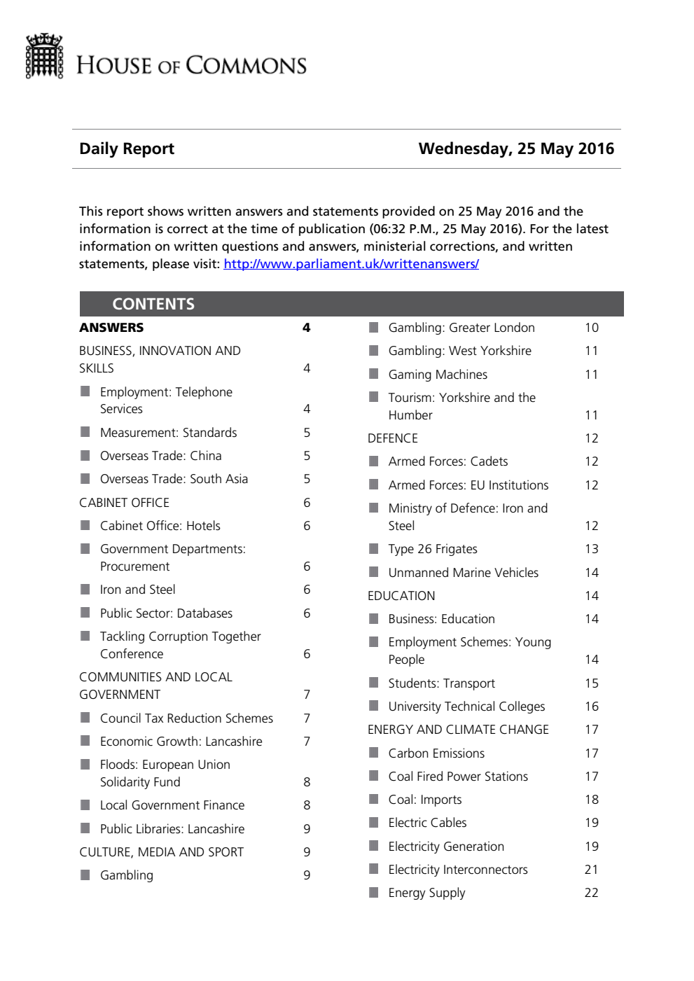HOC Daily Report Written Answers 25.05.16