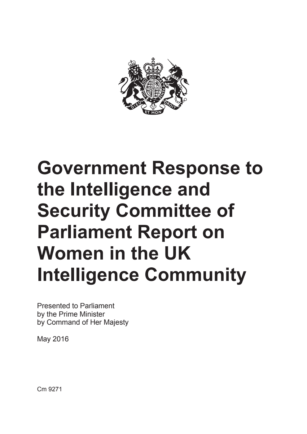 Government Response to the Intelligence and Security Committee of Parliament Report on Women in the UK Intelligence Community