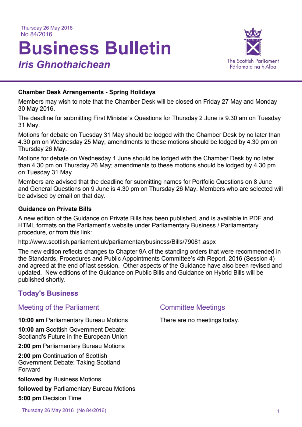 Business Bulletin No. 84/2016, Thursday 26th May 2016