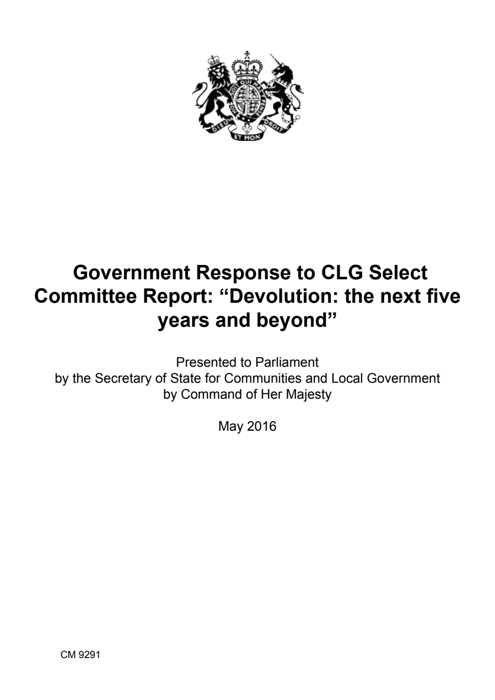 Government Response to CLG Select Committee Report: “Devolution: the next five years and beyond”