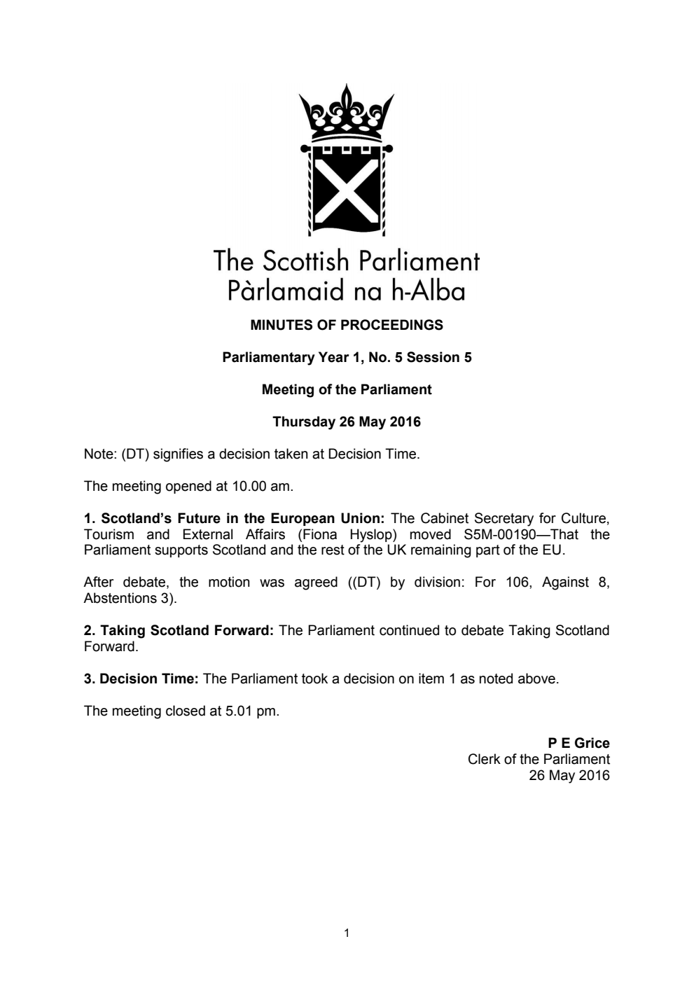 Minutes of Proceedings 26 May 2016 Vol. 1, No. 5 Session 5