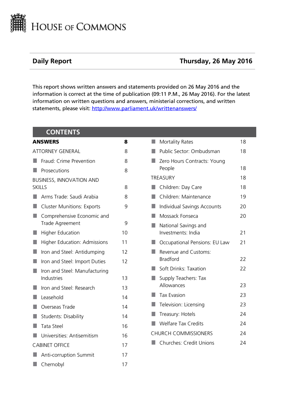 HOC Daily Report Written Answers 26.05.16