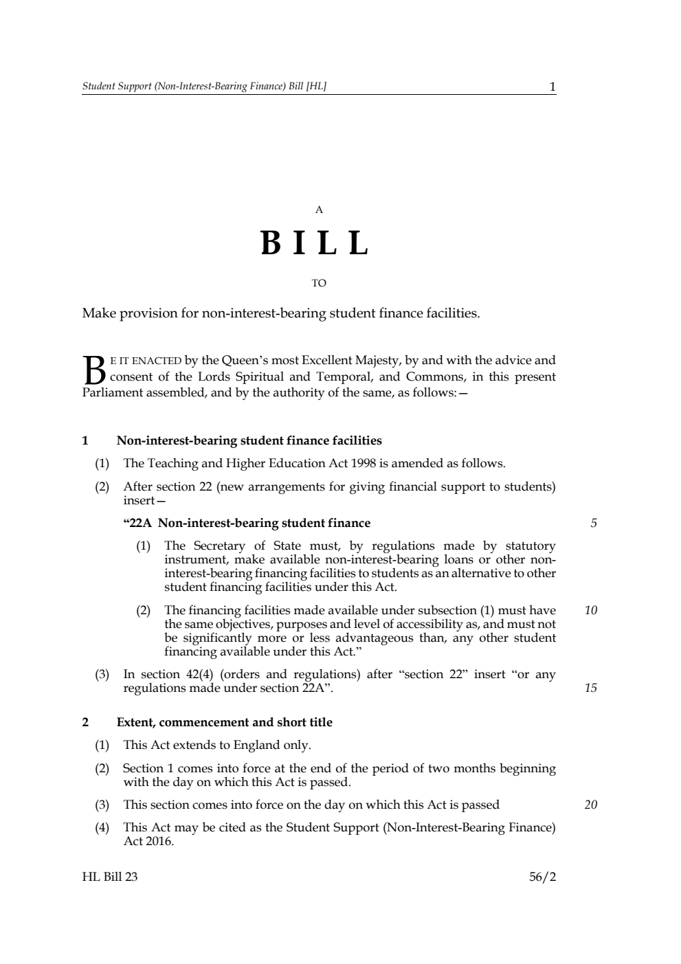 Student Support (Non-Interest-Bearing Finance) Bill