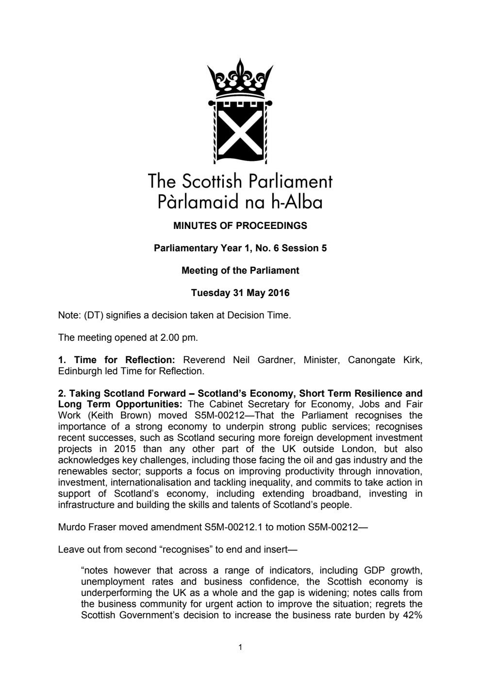 Minutes of Proceedings 31 May 2016 Vol. 1, No. 6 Session 5