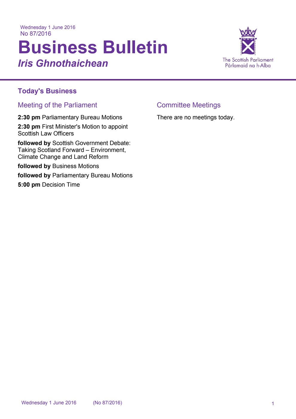 Business Bulletin No. 87/2016, Wednesday 1st June 2016