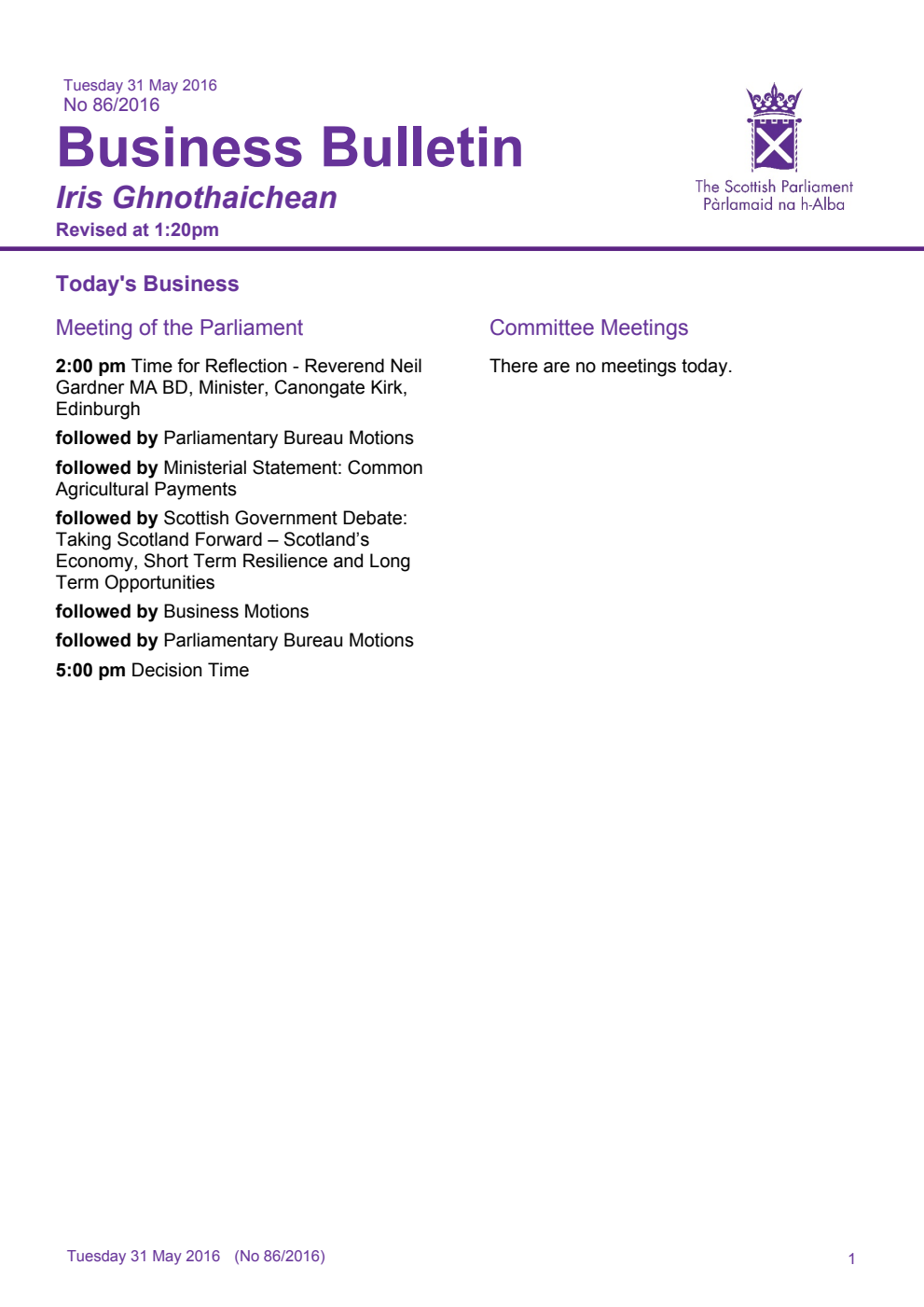 Business Bulletin No. 86/2016, Tuesday 31st May 2016, Revised (due to glitches in the Business Bulletin numbering system there is no number 85)