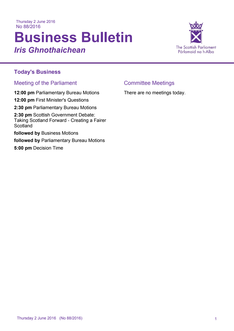 Business Bulletin No. 88/2016, Thursday 2nd June 2016