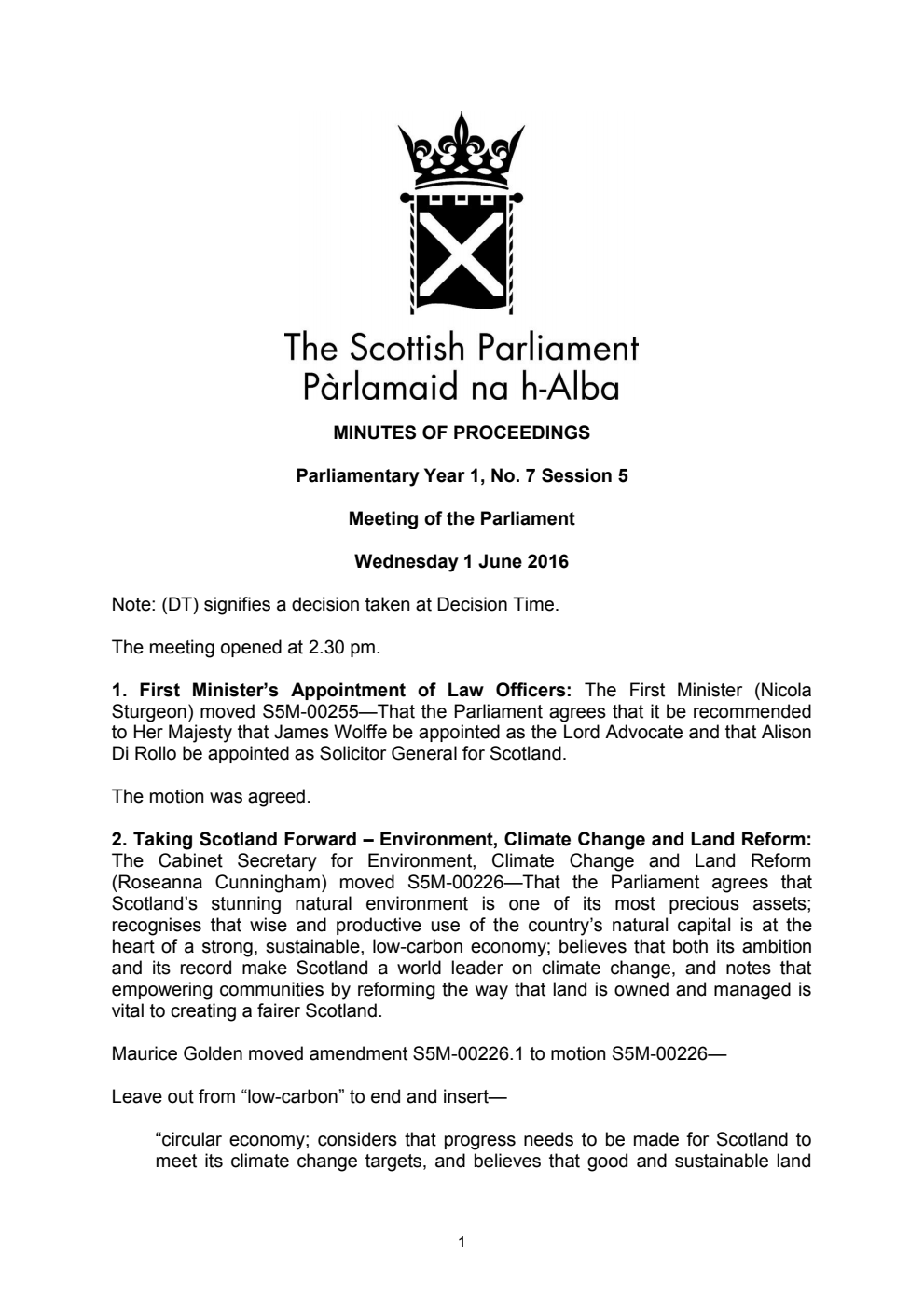 Minutes of Proceedings 1 June 2016 Vol. 1, No. 7 Session 5