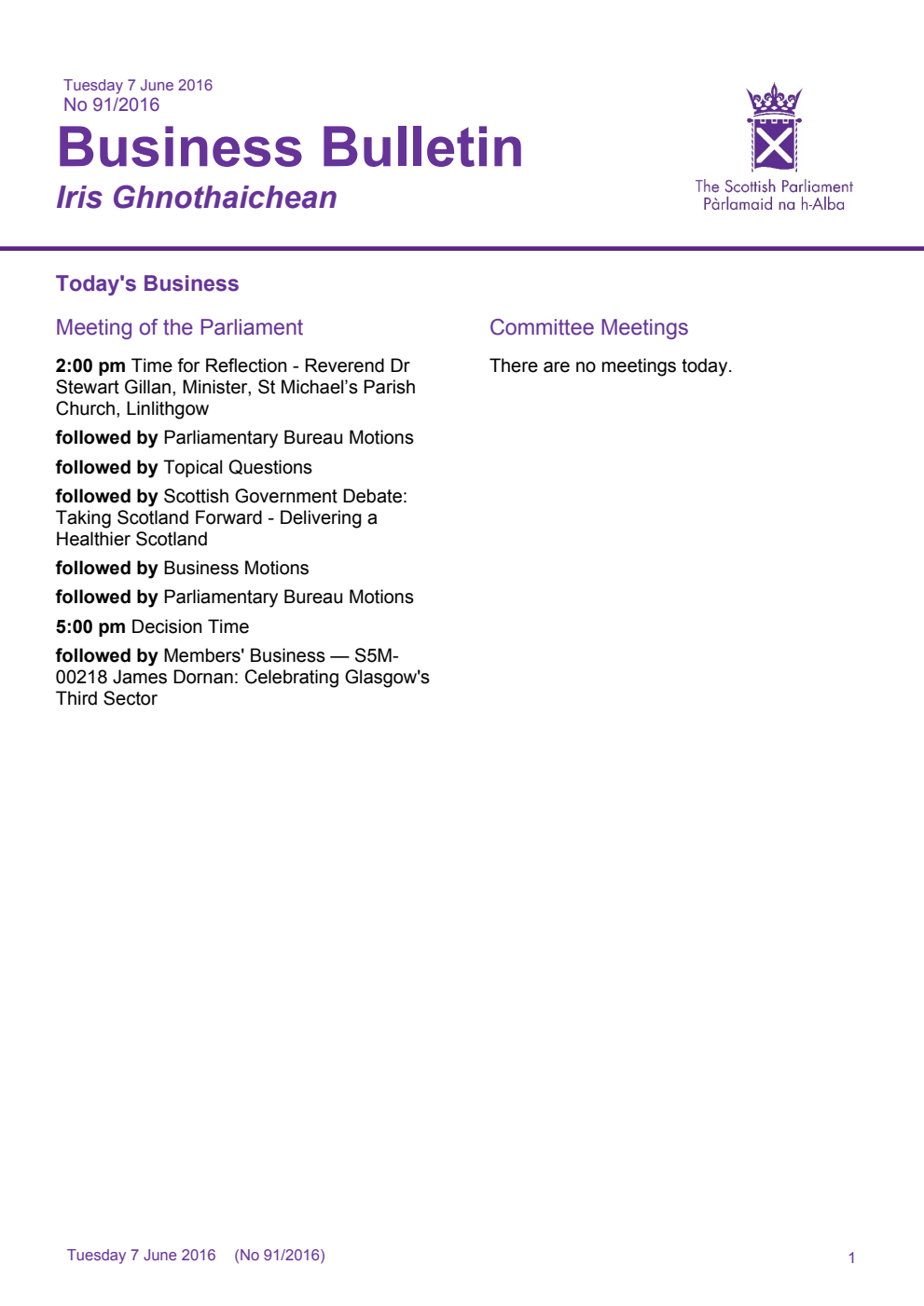 Business Bulletin No. 91/2016, Tuesday 7th June 2016