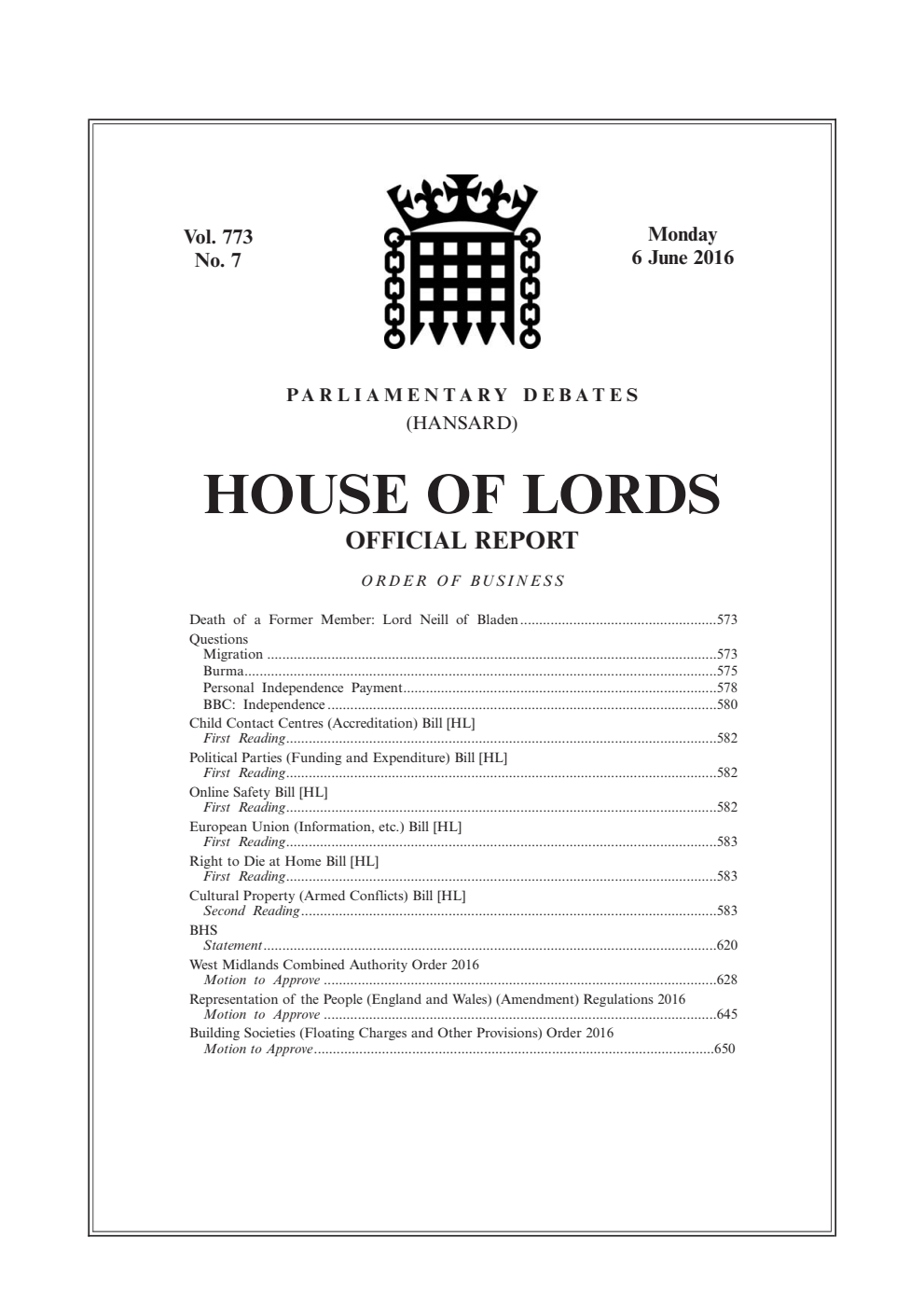 HOL Daily Hansard Vol. 773, No. 7 06.06.16