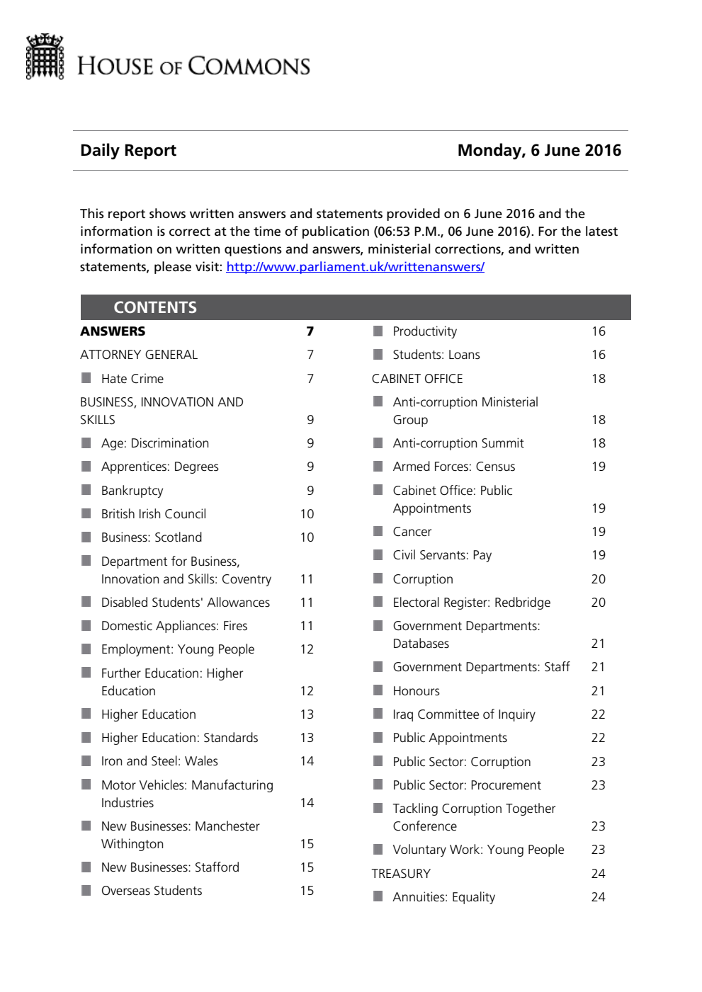 HOC Daily Report Written Answers 06.06.16
