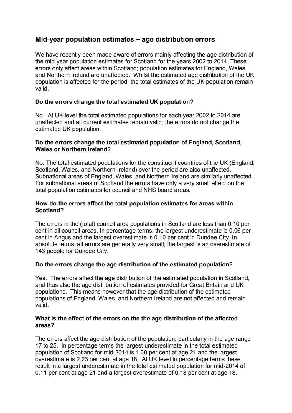 Mid - 2014 Population Estimates for United Kingdom, England and Wales, Scotland and Northern Ireland (correction slip)