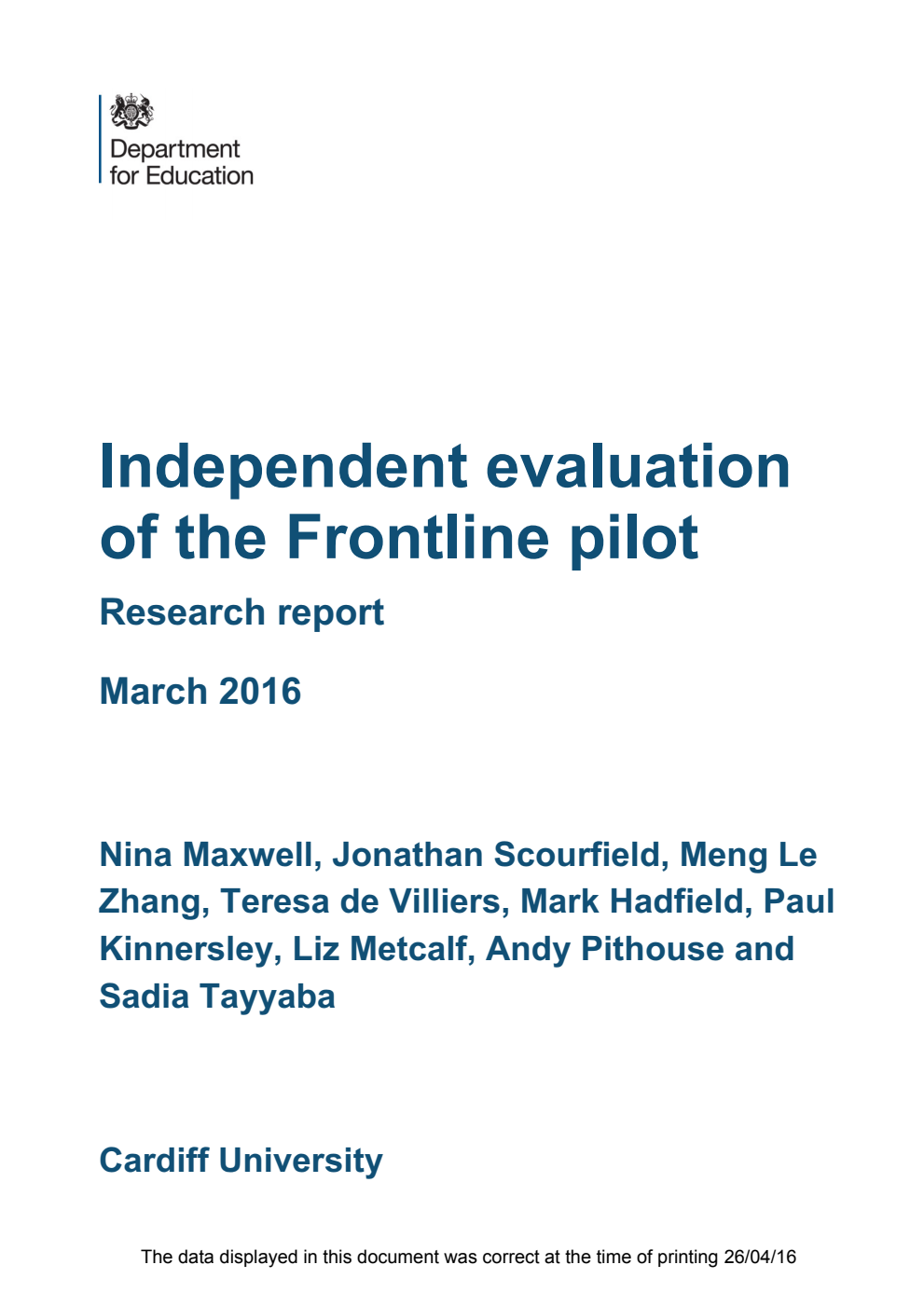 DFE RR507 Independent evaluation of the Frontline pilot