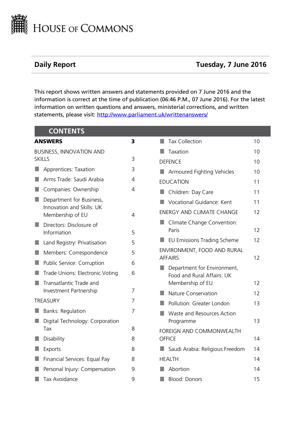 HOC Daily Report Written Answers 07.06.16