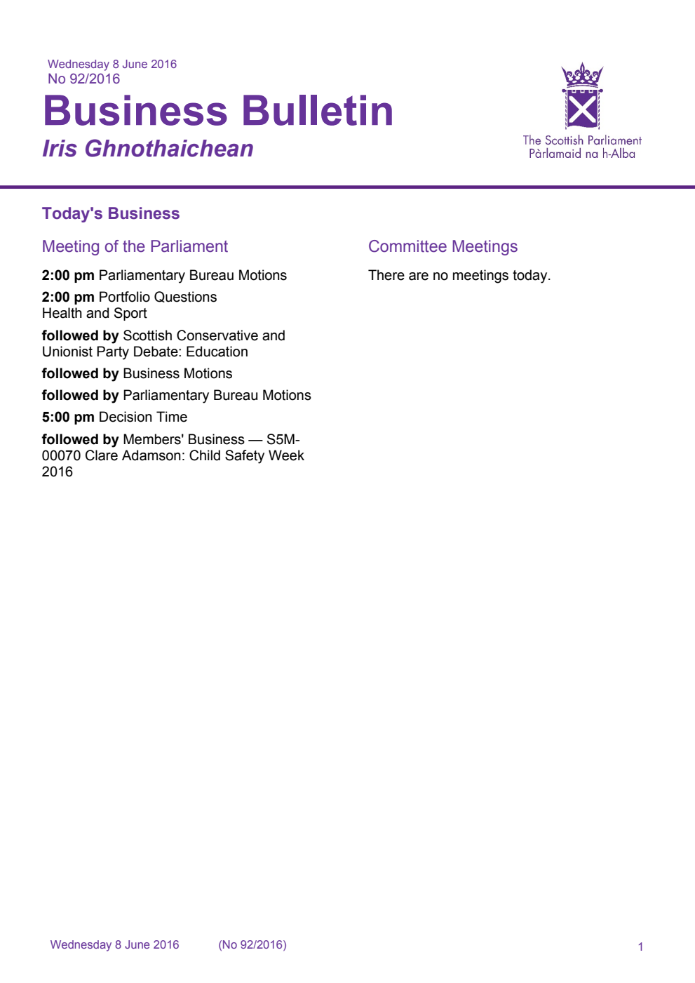 Business Bulletin No. 92/2016, Wednesday 8th June 2016