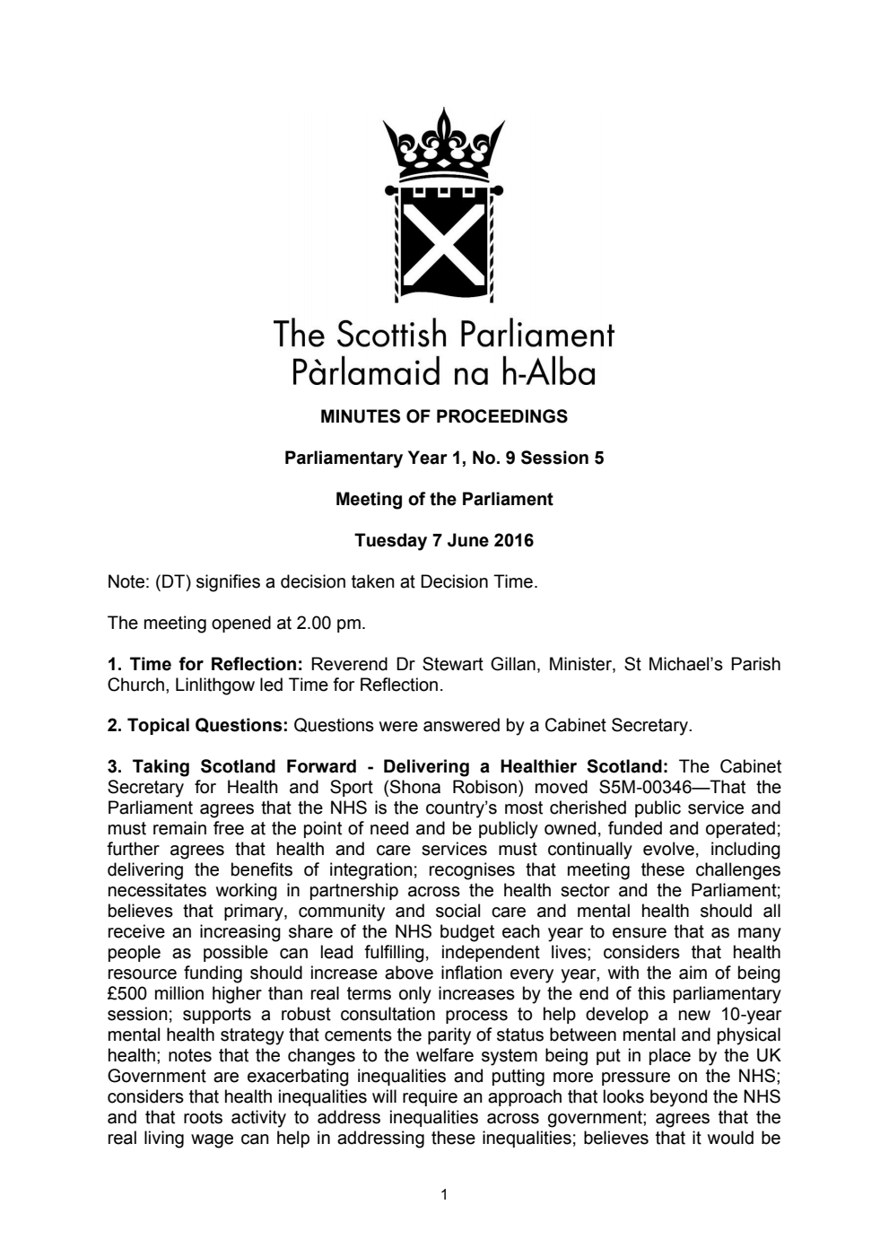 Minutes of Proceedings 7 June 2016 Vol. 1, No. 9 Session 5