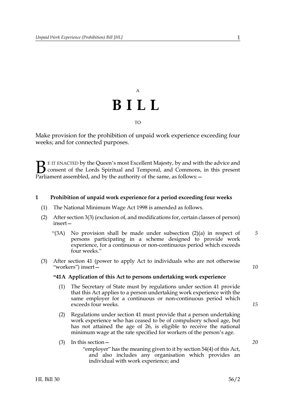 Unpaid Work Experience (Prohibition) Bill