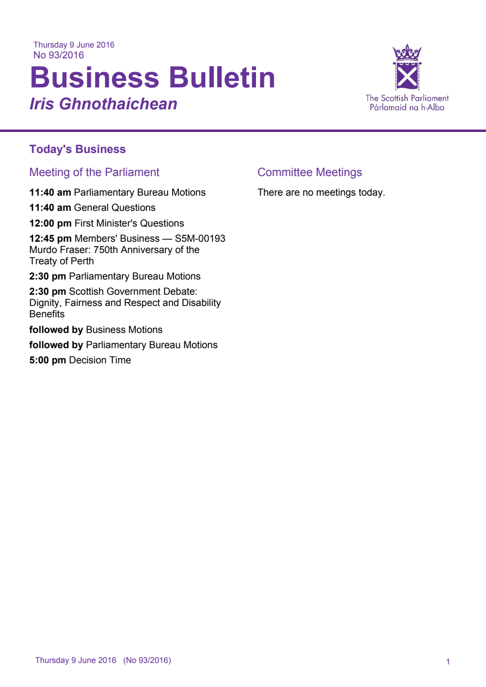 Business Bulletin No. 93/2016, Thursday 9th June 2016