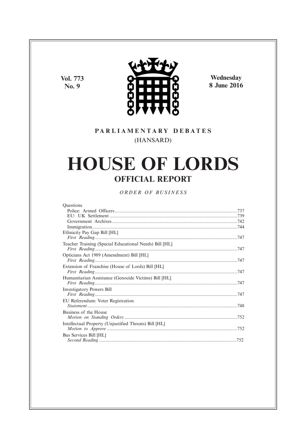 HOL Daily Hansard Vol. 773, No. 9 08.06.16