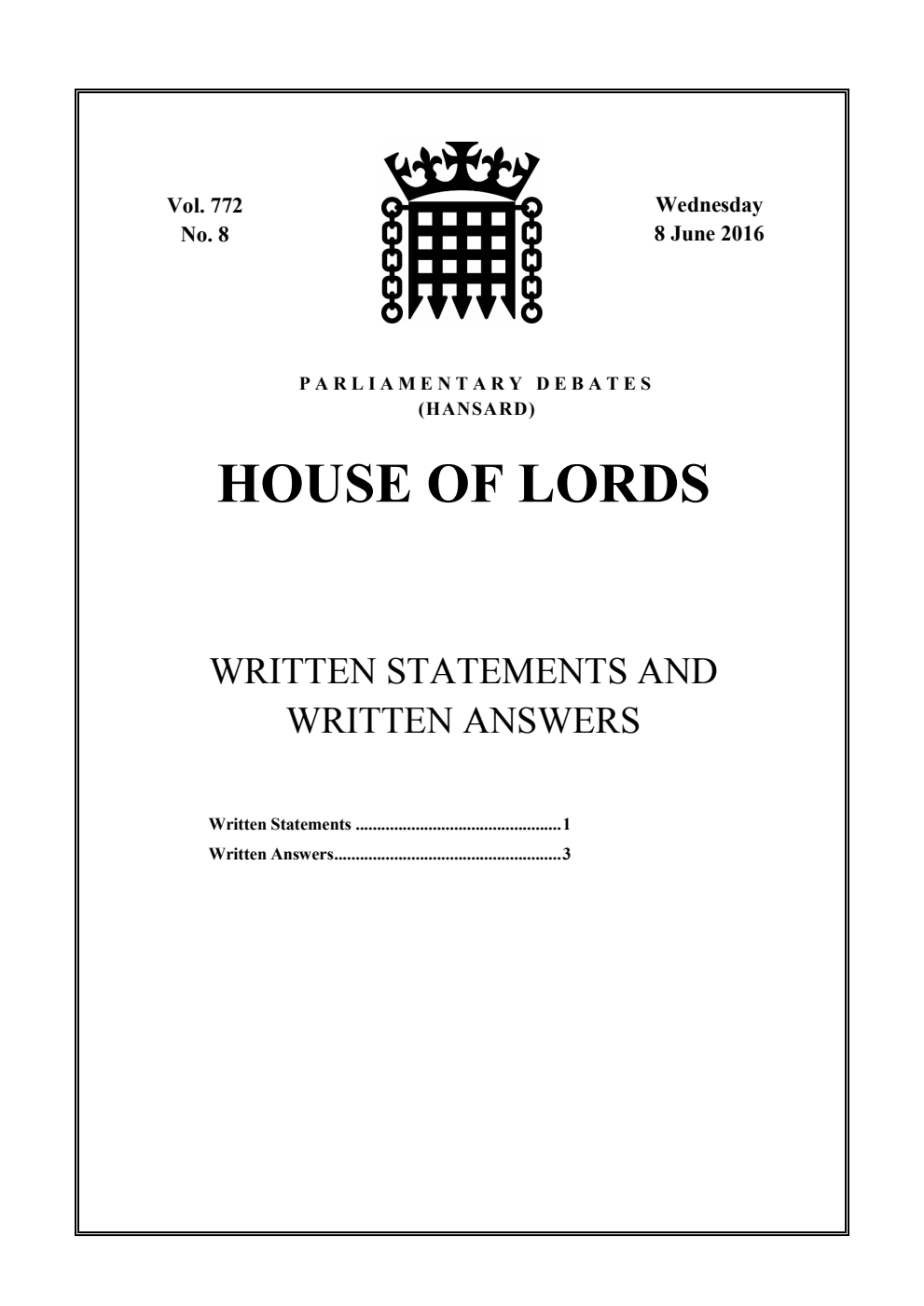 HOL Daily Report Written Statements and Answers 08.06.16