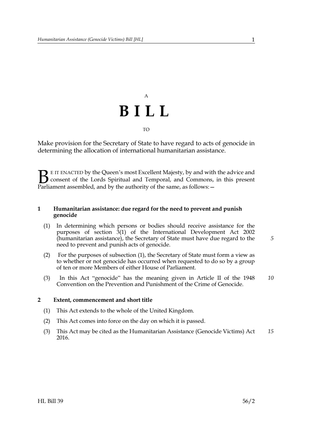 Humanitarian Assistance (Genocide Victims) Bill