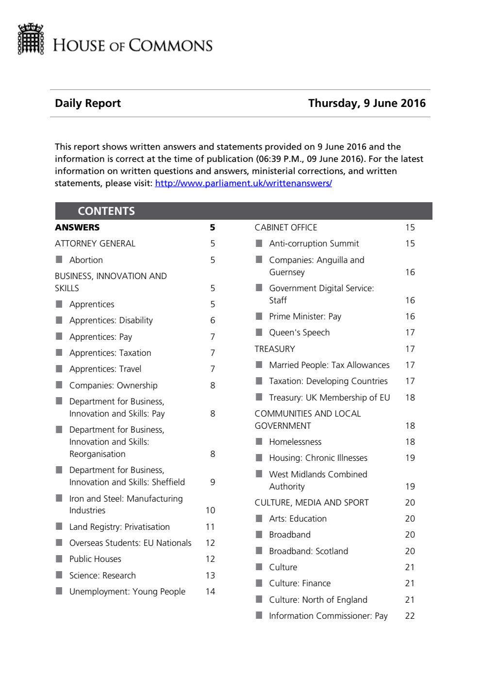 HOC Daily Report Written Answers 09.06.16