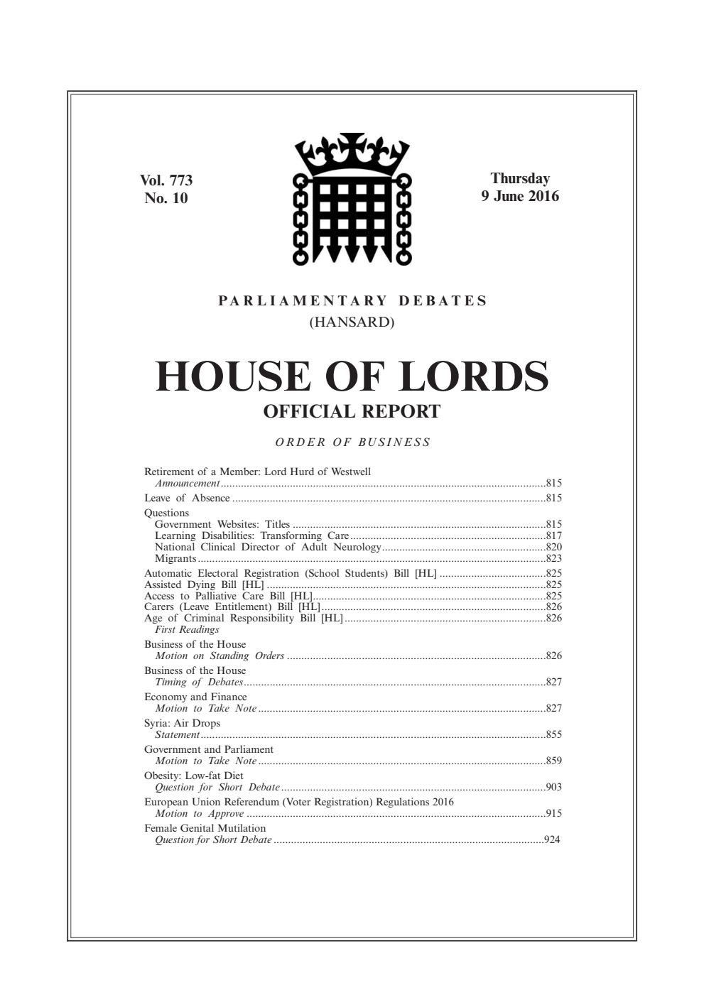 HOL Daily Hansard Vol. 773, No. 10 09.06.16