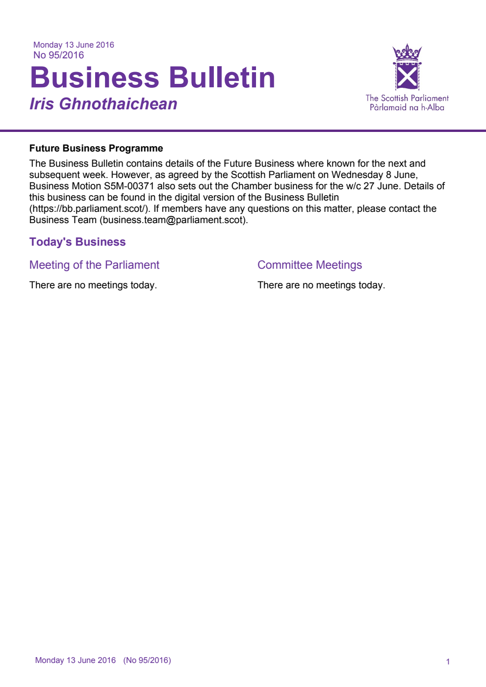 Business Bulletin No. 95/2016, Monday 13th June 2016