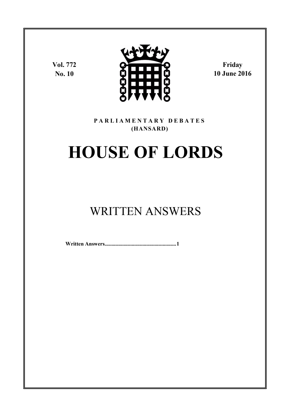 HOL Daily Report Written Answers 10.06.16