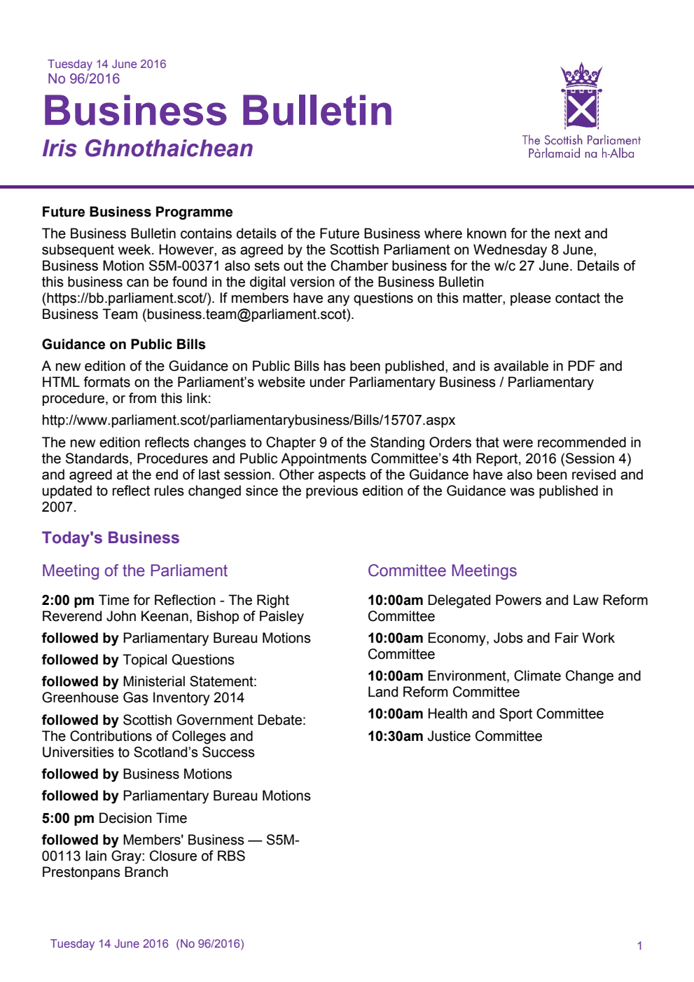 Business Bulletin No. 96/2016, Tuesday 14th June 2016