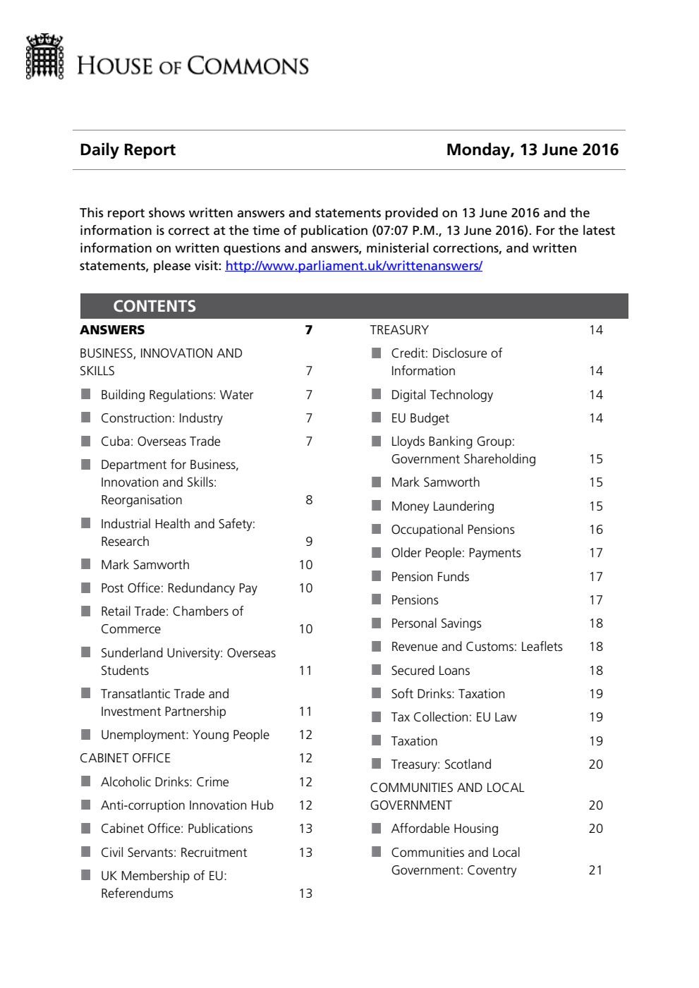 HOC Daily Report Written Answers 13.06.16