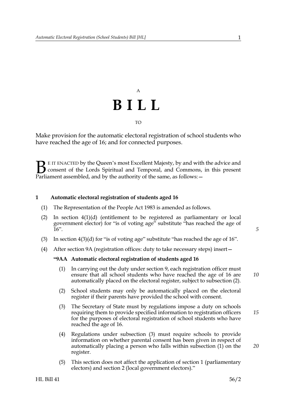 Automatic Electoral Registration (School Students) Bill