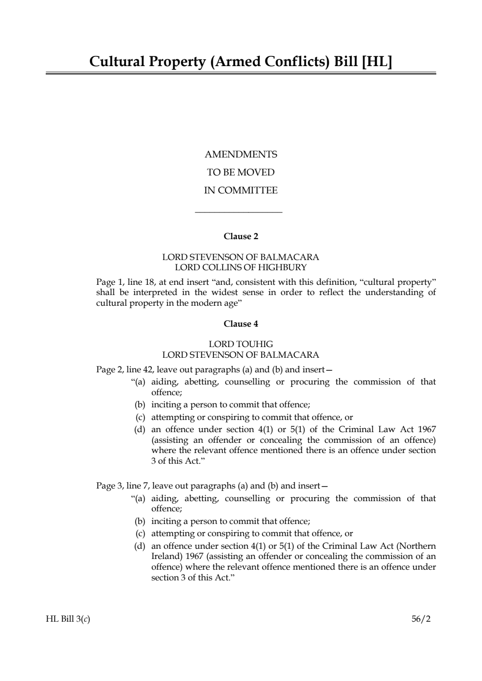 Cultural Property (Armed Conflicts) Bill Lords Amendments
