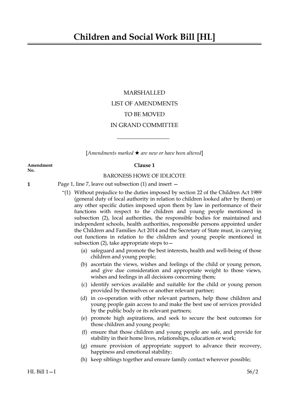 Children and Social Work Bill Lords Amendments 1st Marshalled List