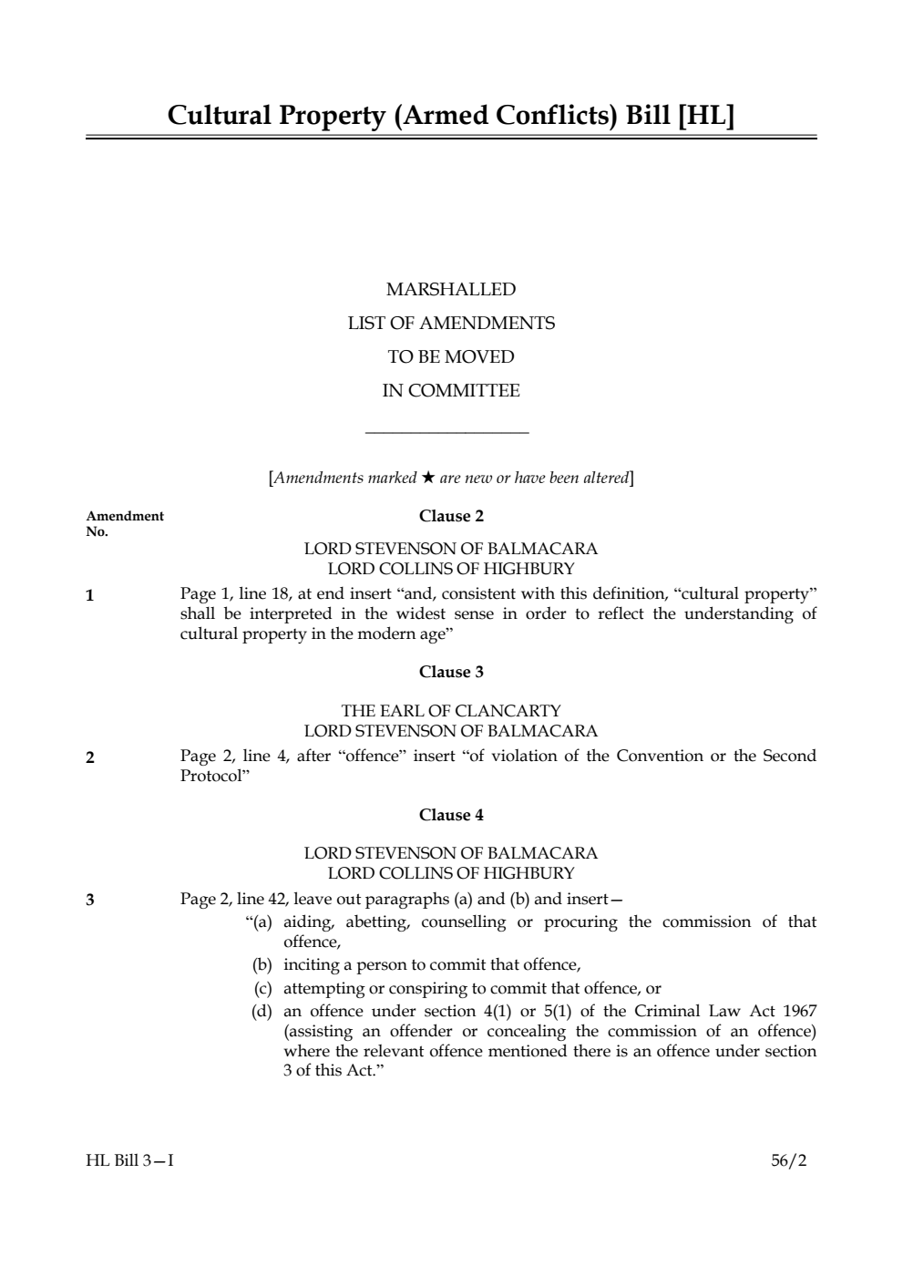Cultural Property (Armed Conflicts) Bill Lords Amendments 1st Marshalled List