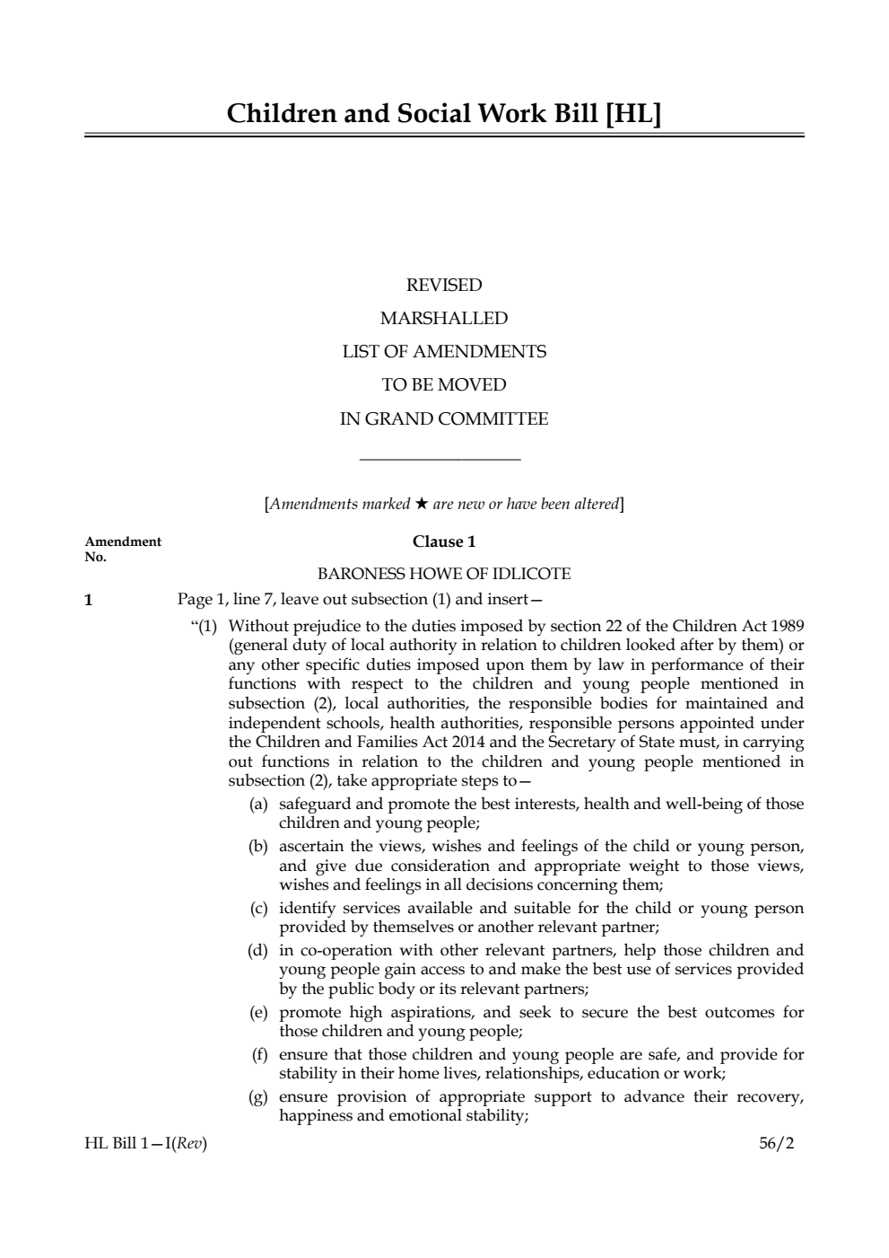 Children and Social Work Bill Lords Amendments Revised 1st Marshalled List
