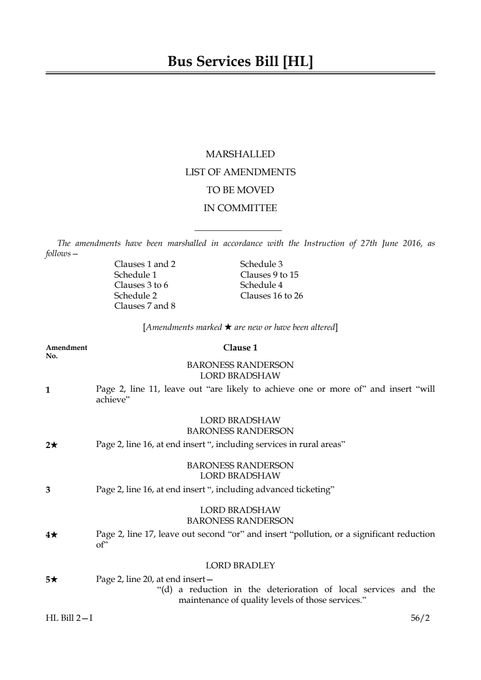 Bus Services Bill Lords Amendments 1st Marshalled List